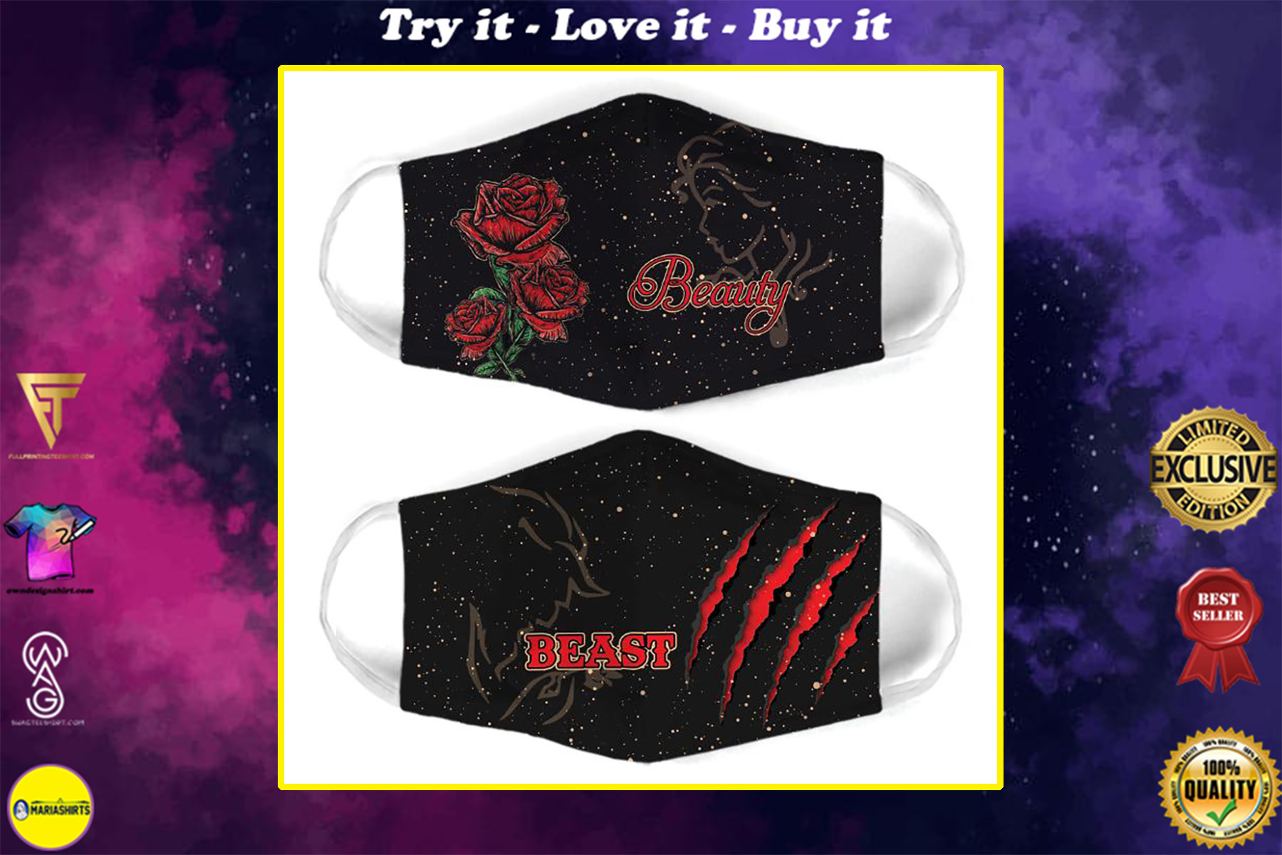 roses beauty and the beast for couple love all over print face mask