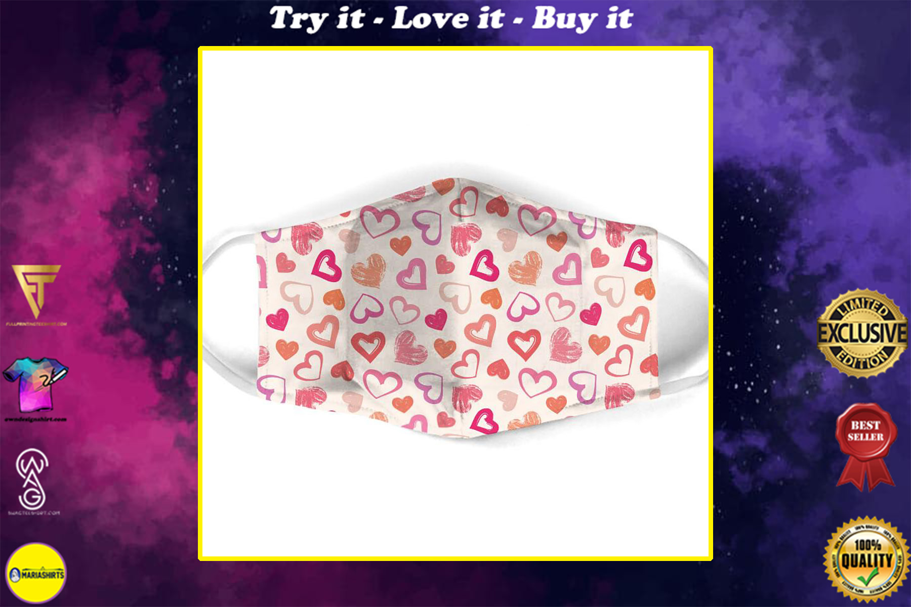 valentine heart seamless all over print face mask