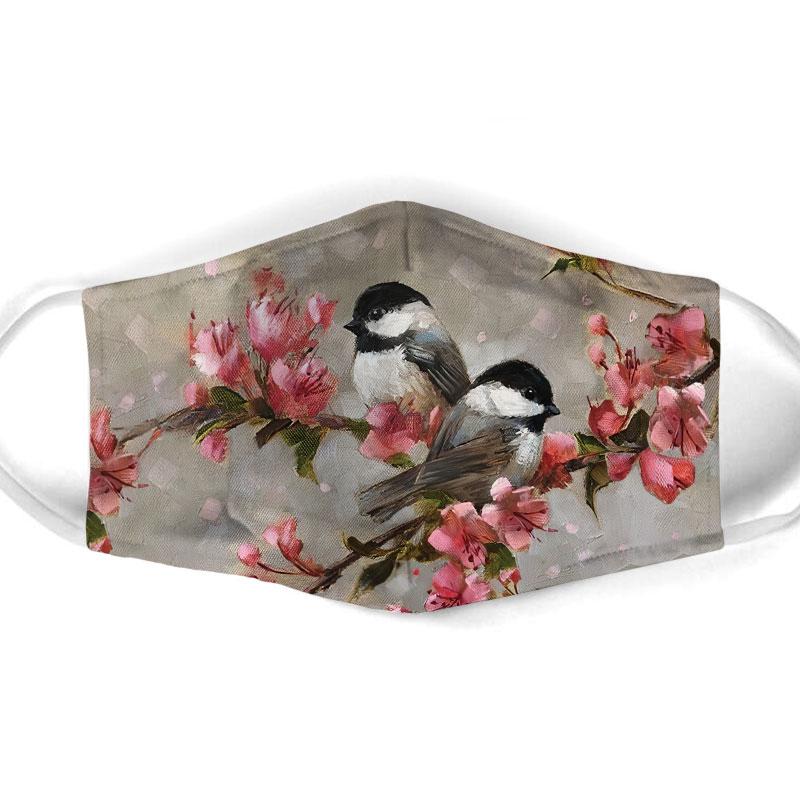 watercolor bird with flowers all over print face mask 1