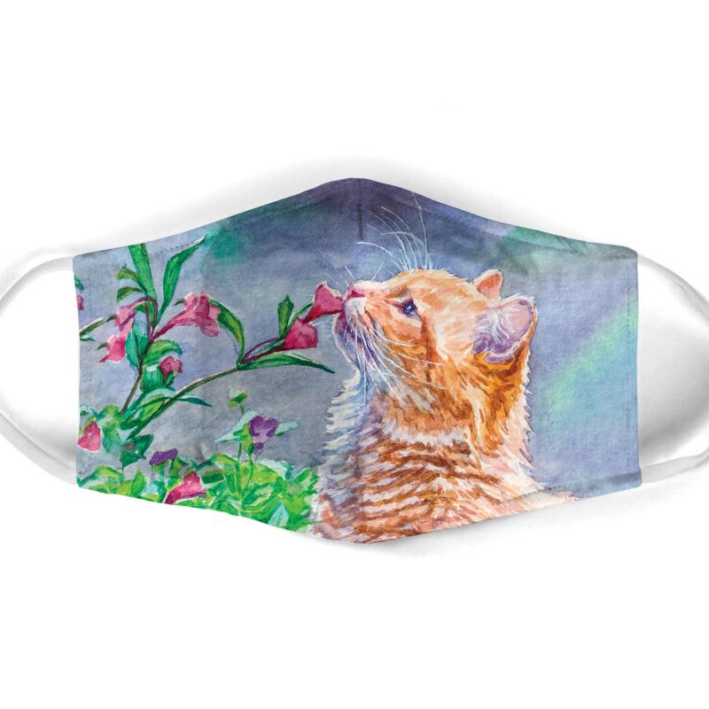 watercolor cat with flowers all over print face mask 1