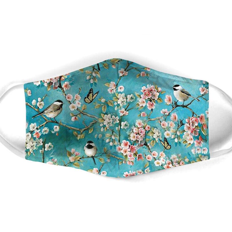 watercolor flower and bird all over print face mask 1