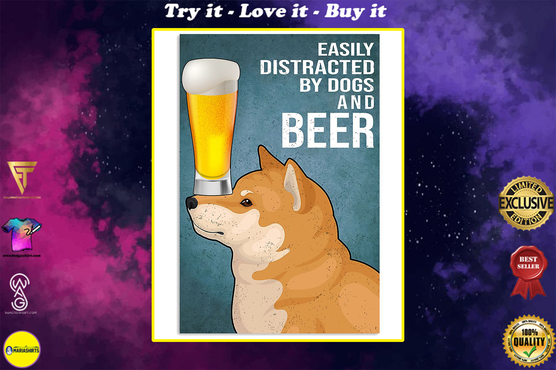 shiba inu easily distracted by dogs and beer vintage poster