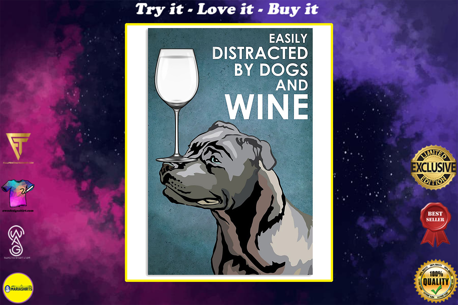 staffordshire bull terrier easily distracted by dogs and wine poster