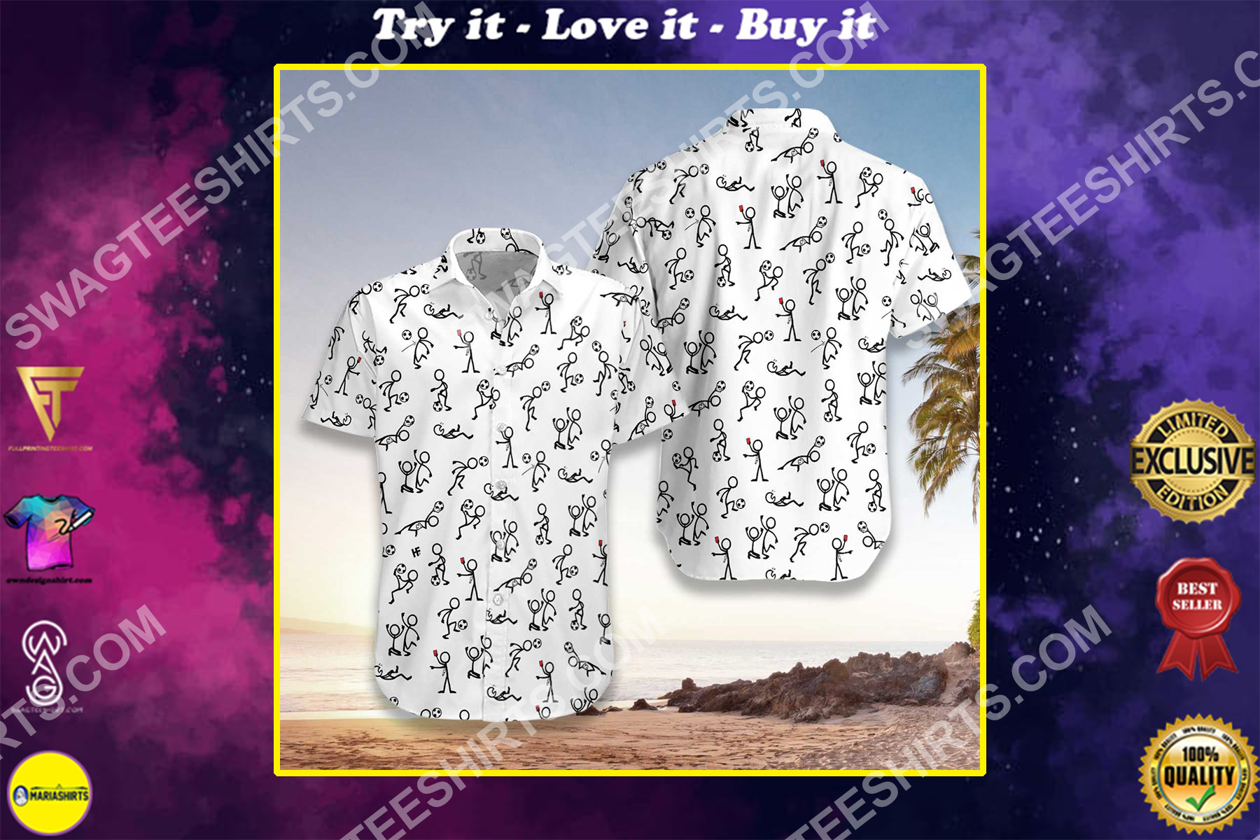 stickfigures playing soccer all over printed hawaiian shirt