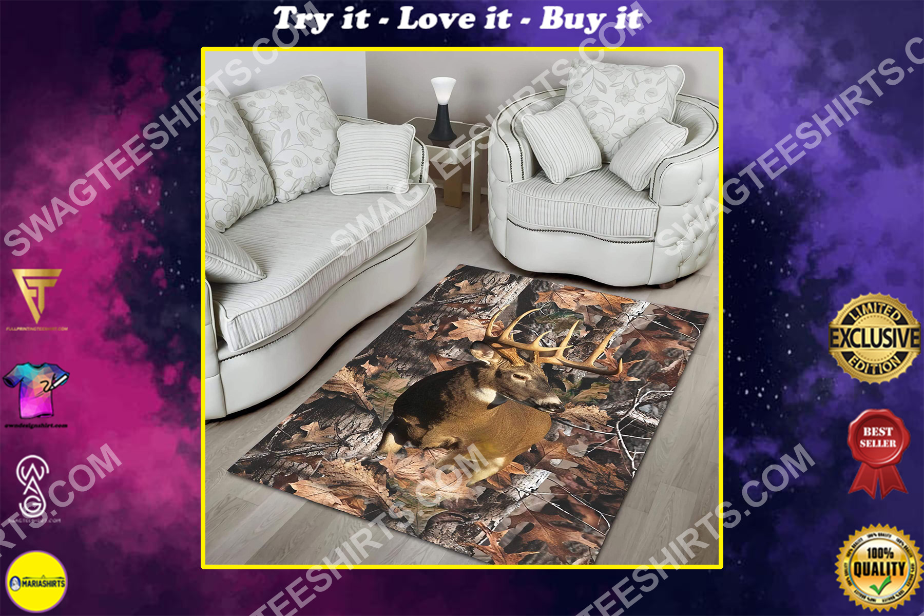 the deer in forest all over printed rug