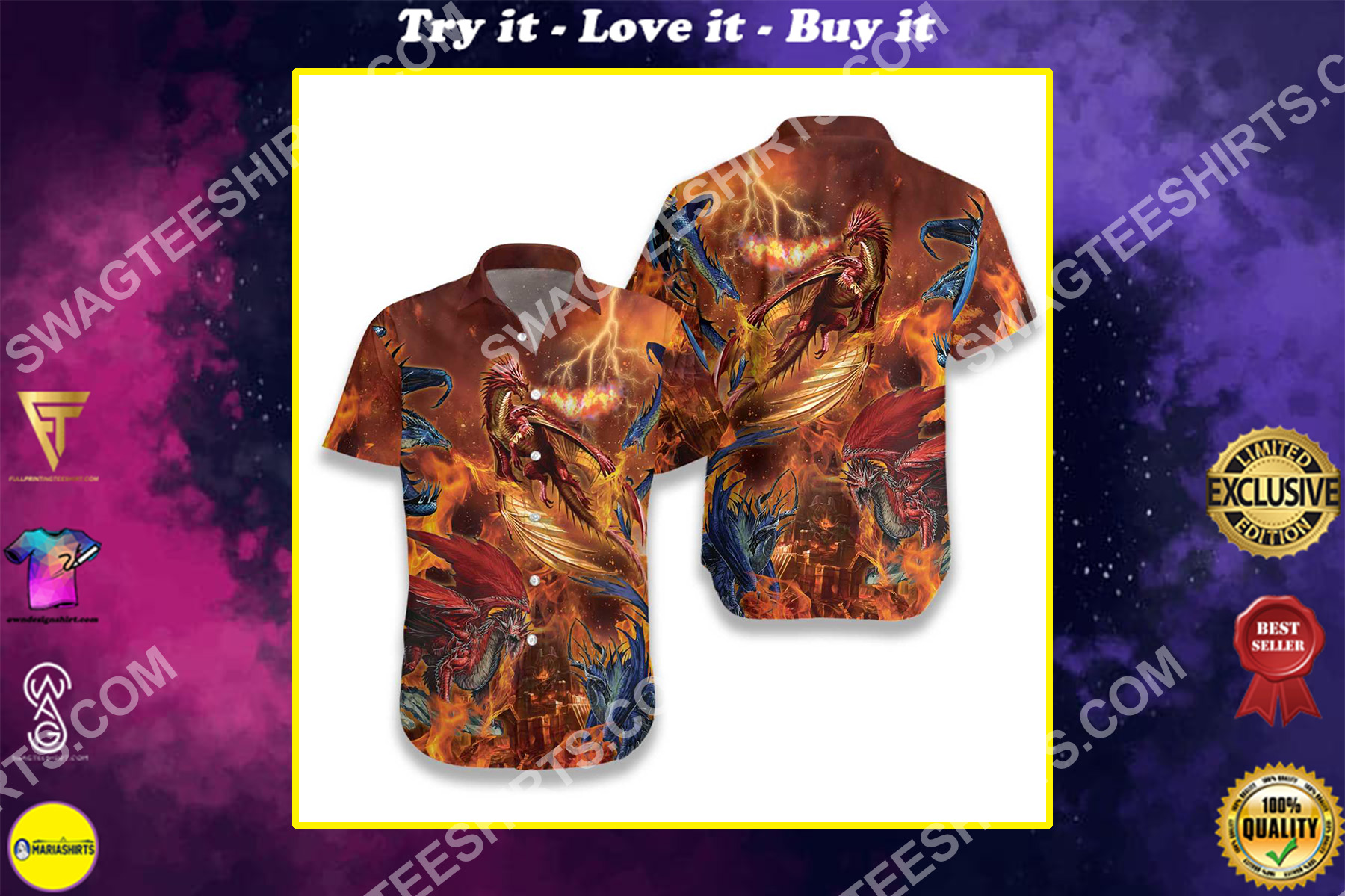 the fire dragons all over printed hawaiian shirt