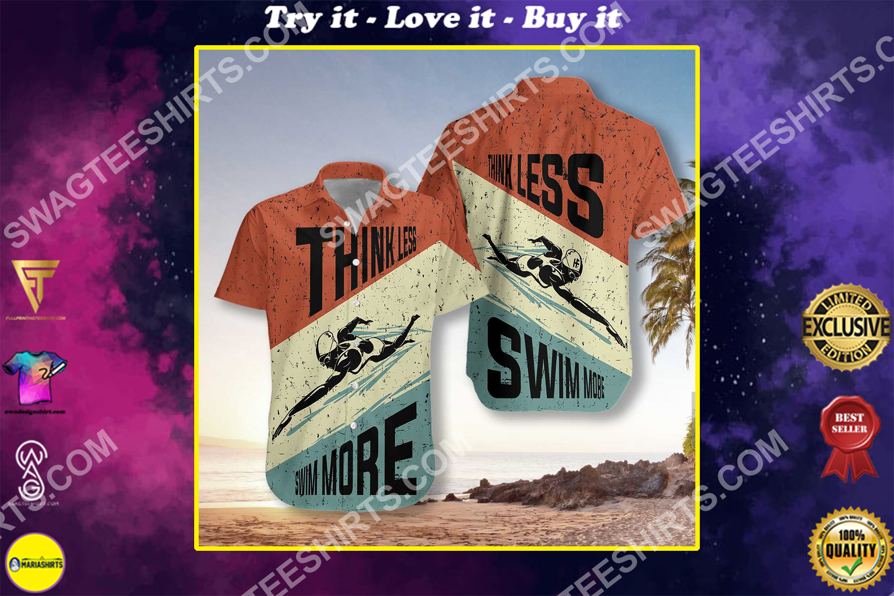 think less swim more all over printed hawaiian shirt