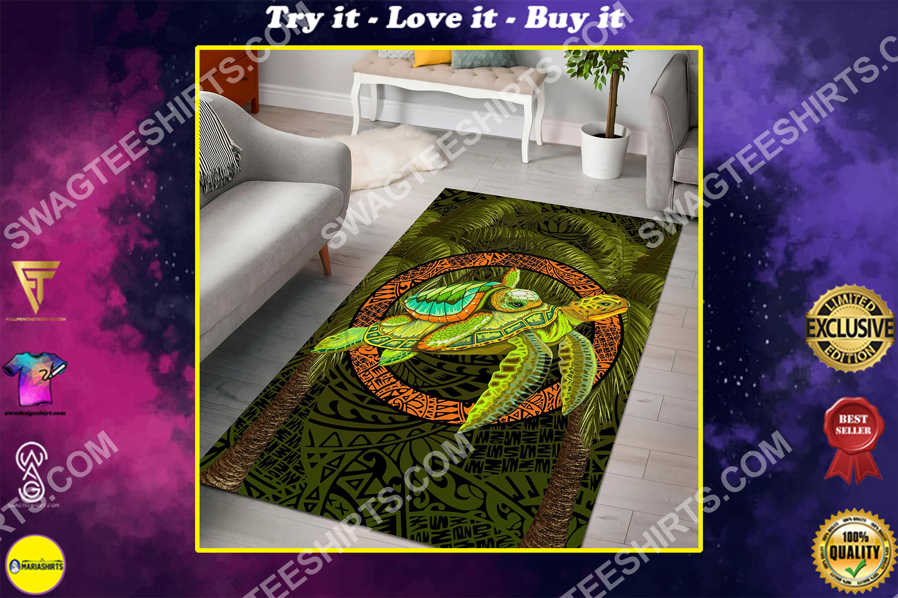 turtle palm tree art all over printed rug