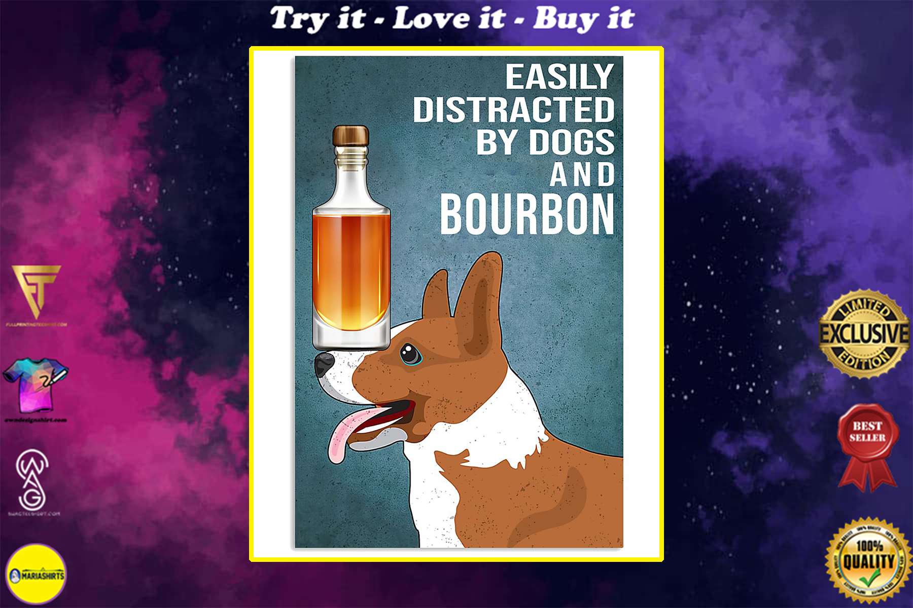 vintage dog corgi easily distracted by dogs and bourbon poster