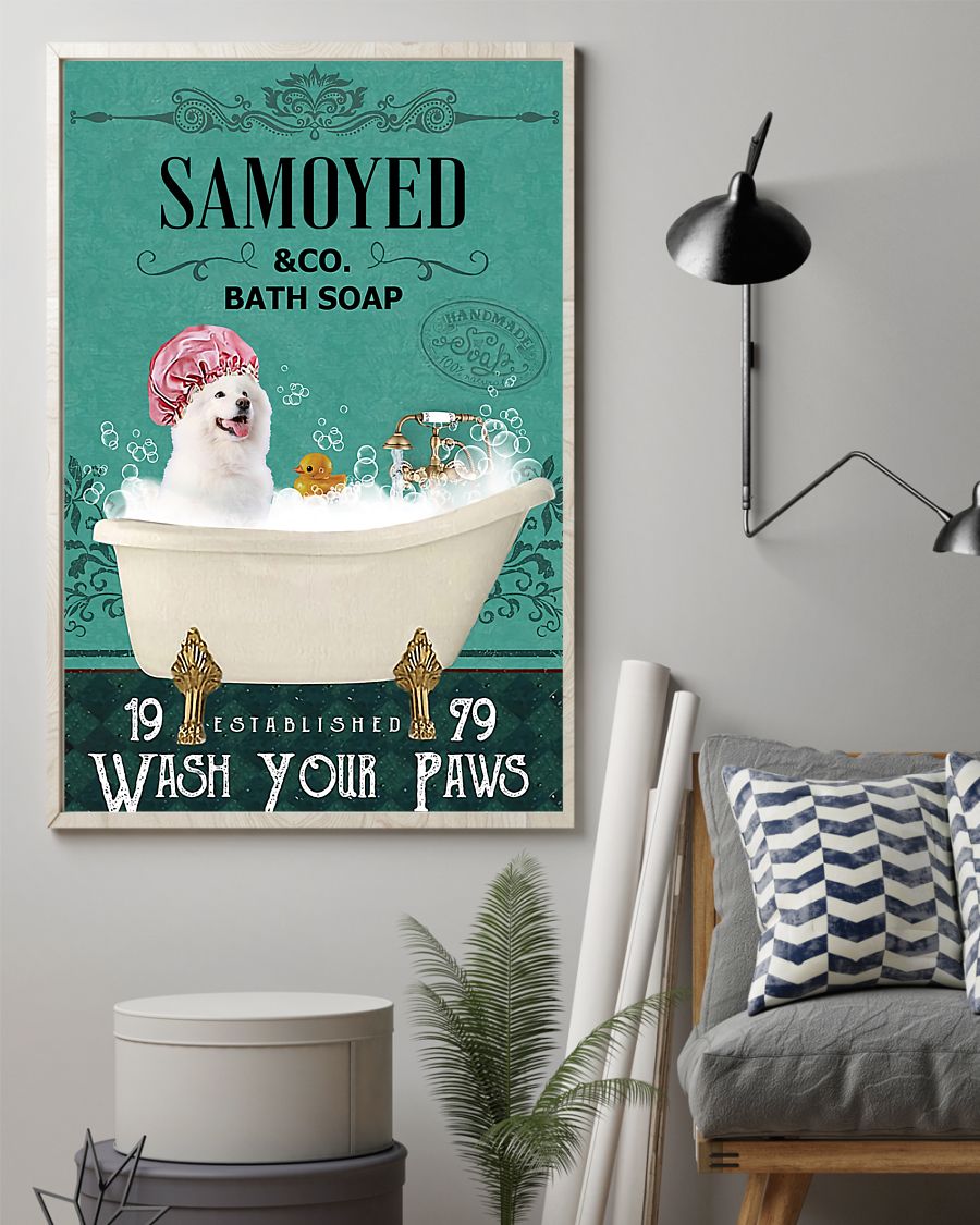 vintage dog samoyed bath soap wash your paws poster 2