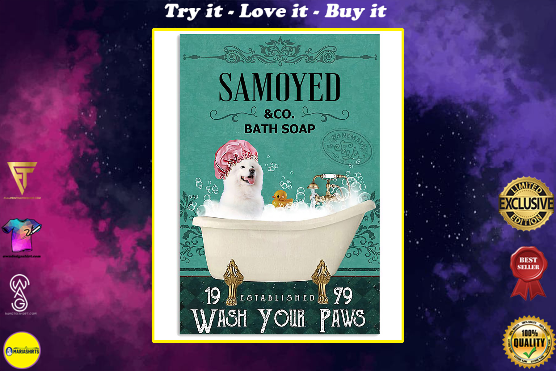 vintage dog samoyed bath soap wash your paws poster