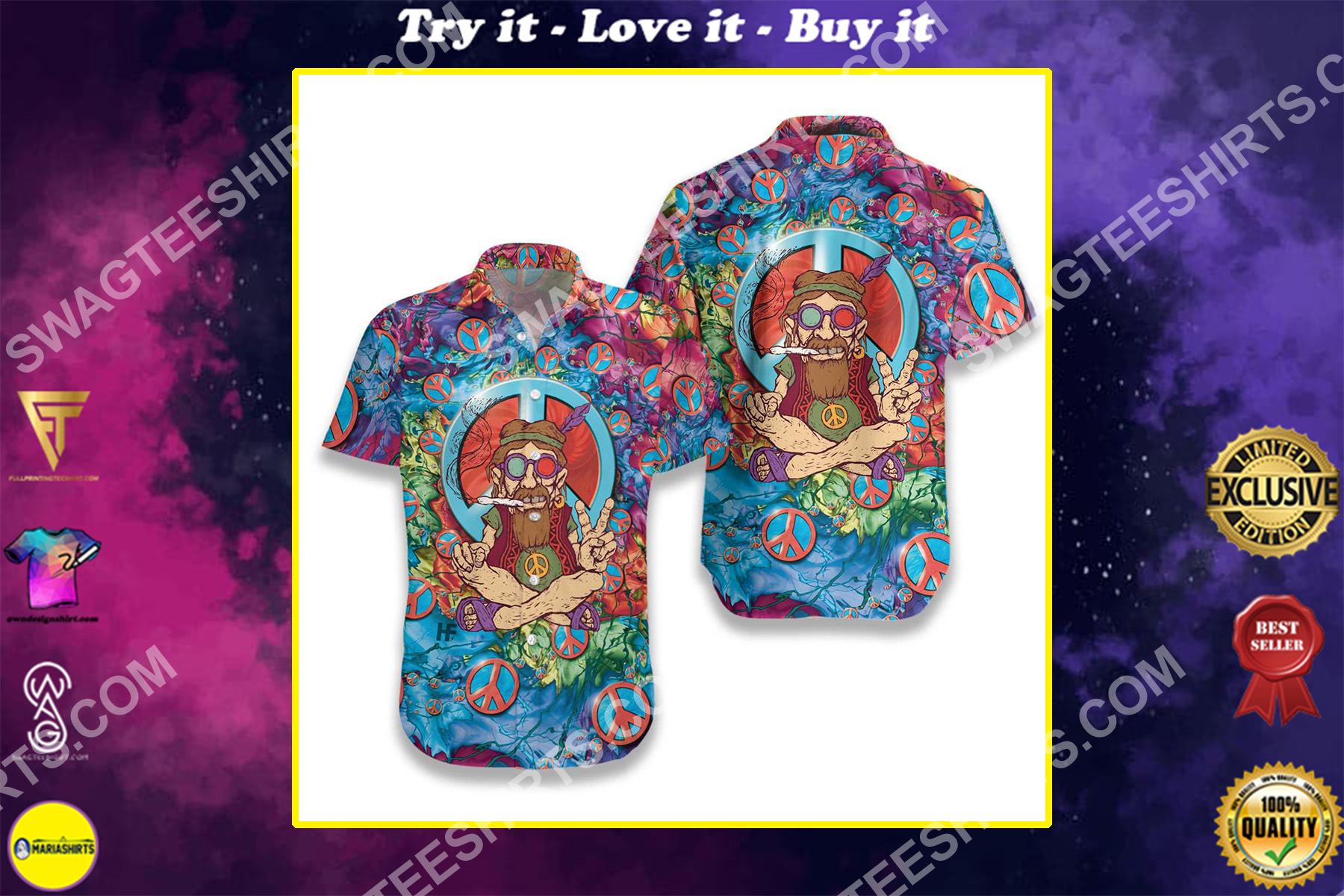 vintage old man hippie all over printed hawaiian shirt