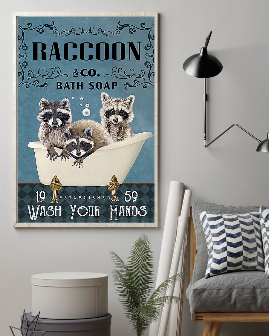 vintage raccoon bath soap wash your paws poster 2