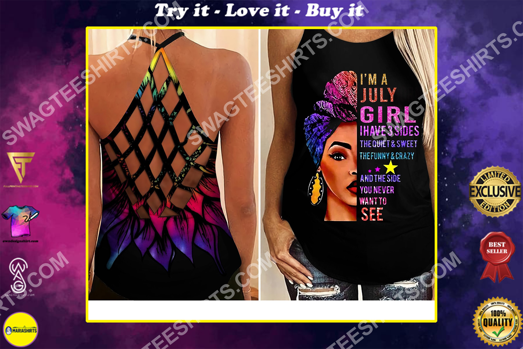 i'm a july girl i have 3 sides the quiet and sweet all over printed criss-cross tank top