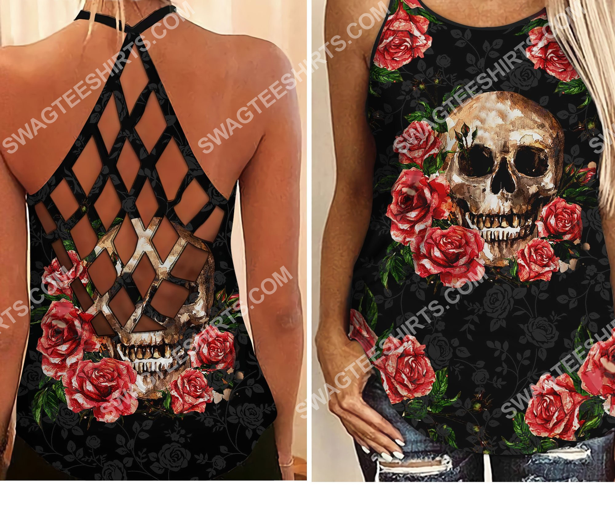 skull and roses all over printed criss-cross tank top 2 - Copy (2)