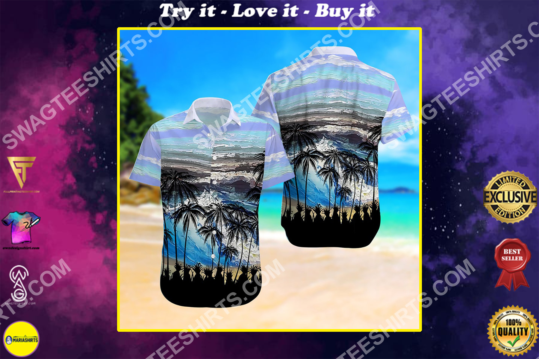 summer time ocean and palm tree all over print hawaiian shirt