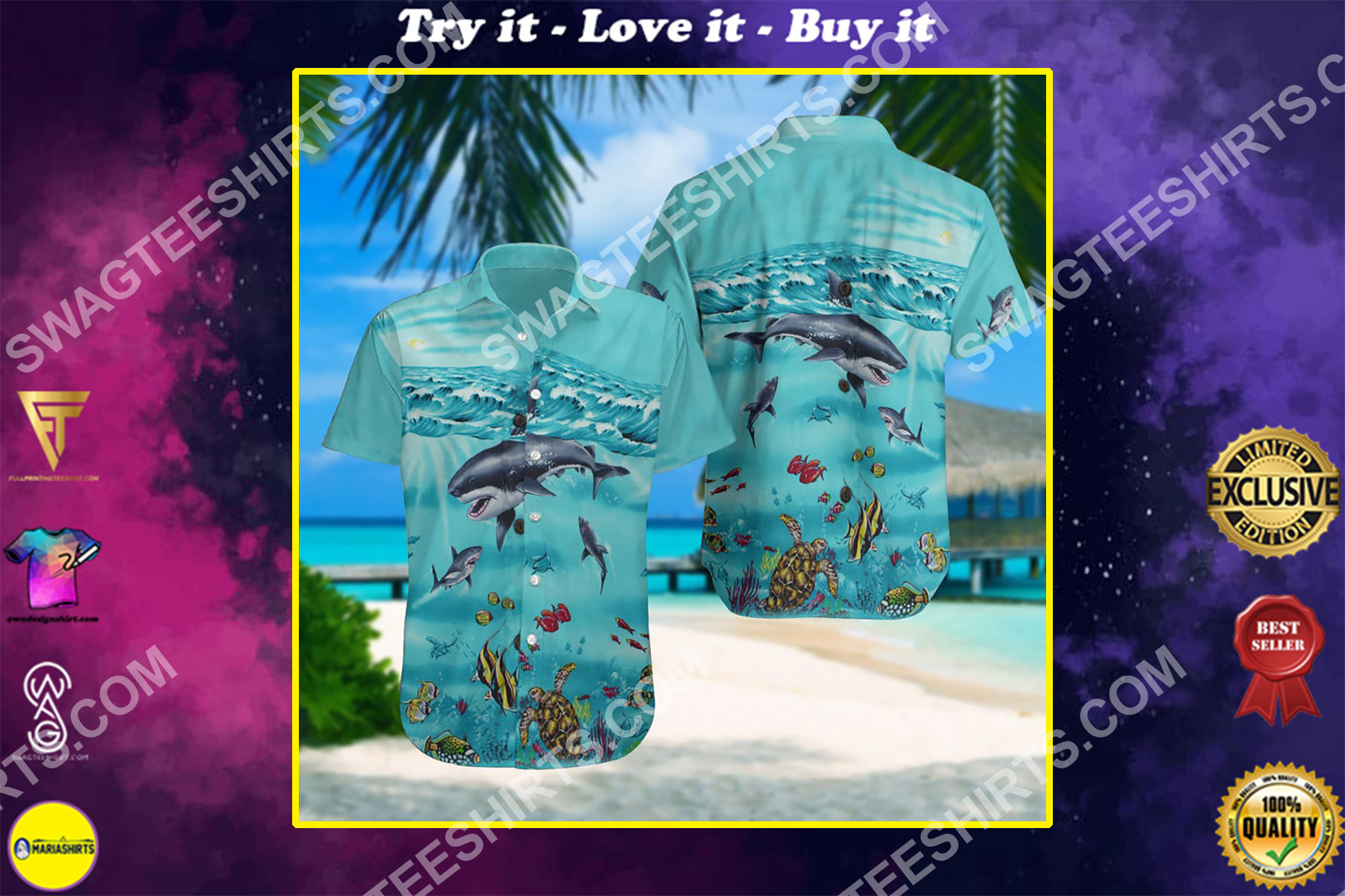 summer time sea shark all over print hawaiian shirt