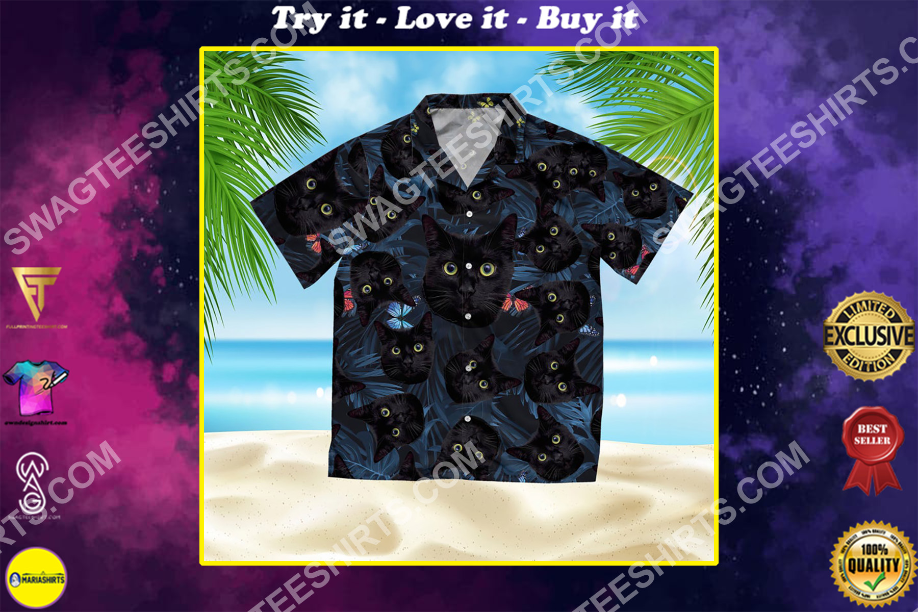 summer time tropical black cat all over print hawaiian shirt