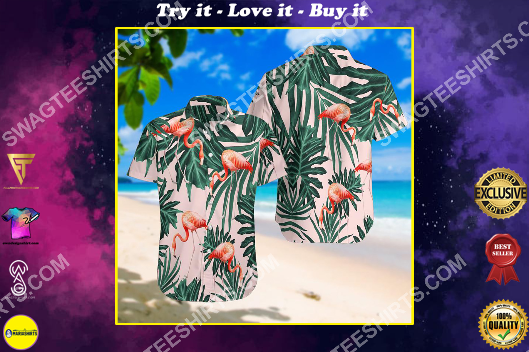 summer time tropical flamingo all over print hawaiian shirt