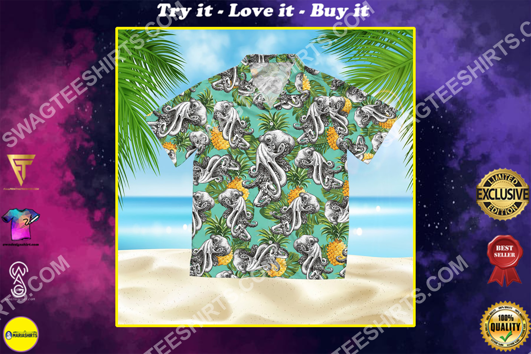 summer time tropical octopus all over print hawaiian shirt