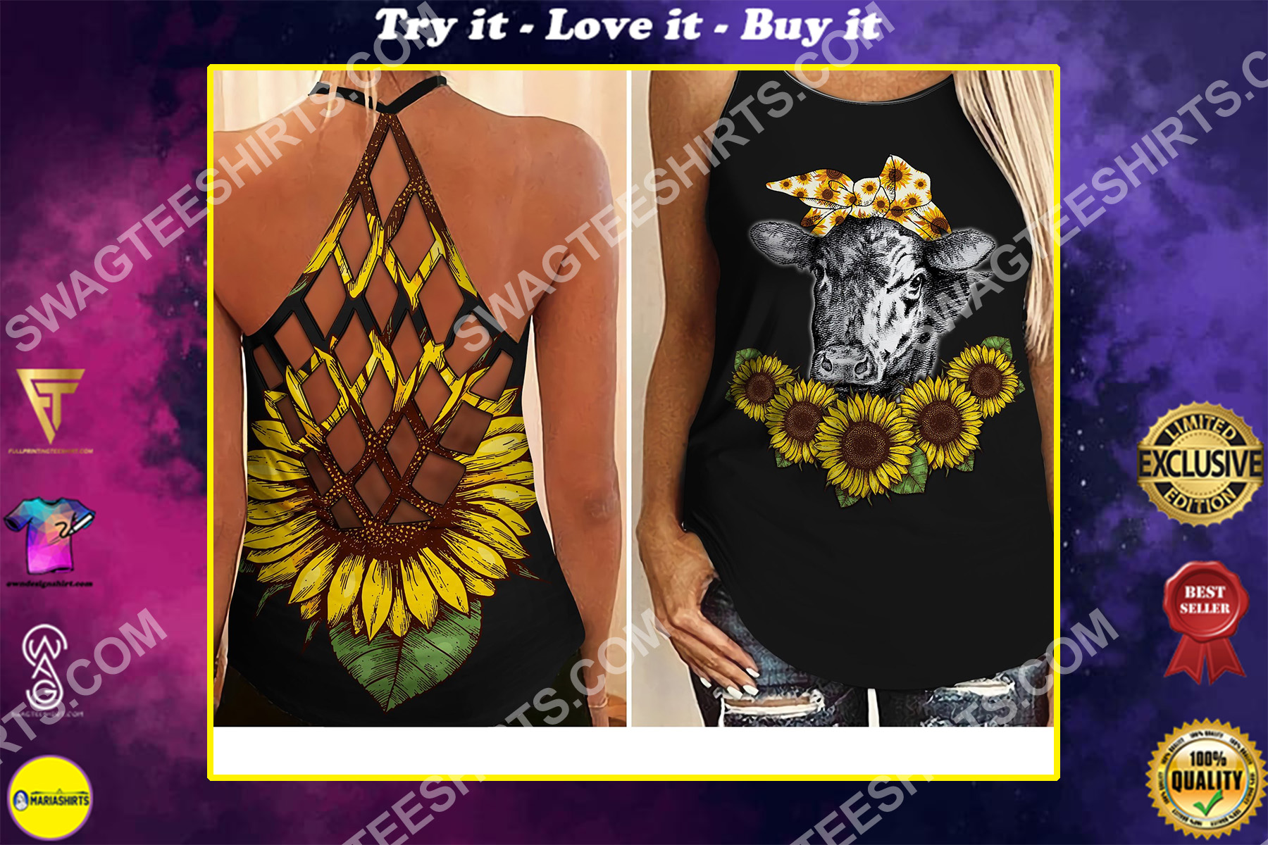 sunflower angus cattle all over printed criss-cross tank top