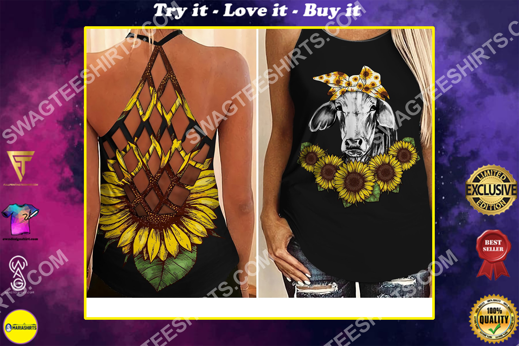 sunflower cattle cow all over printed criss-cross tank top