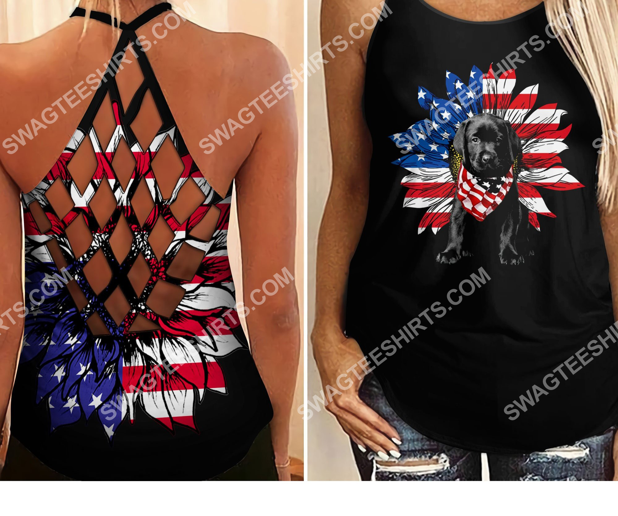 sunflower labrador and america flag all over printed criss-cross tank top 2 - Copy (2)