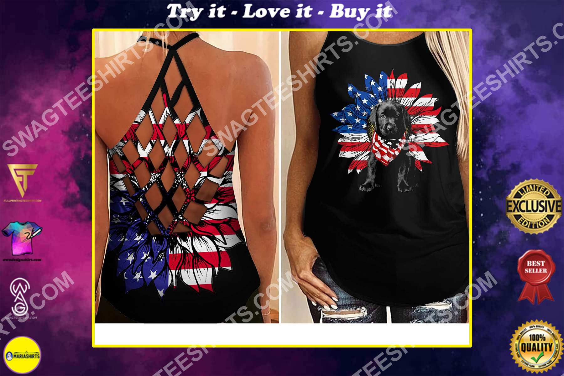 sunflower labrador and america flag all over printed criss-cross tank top