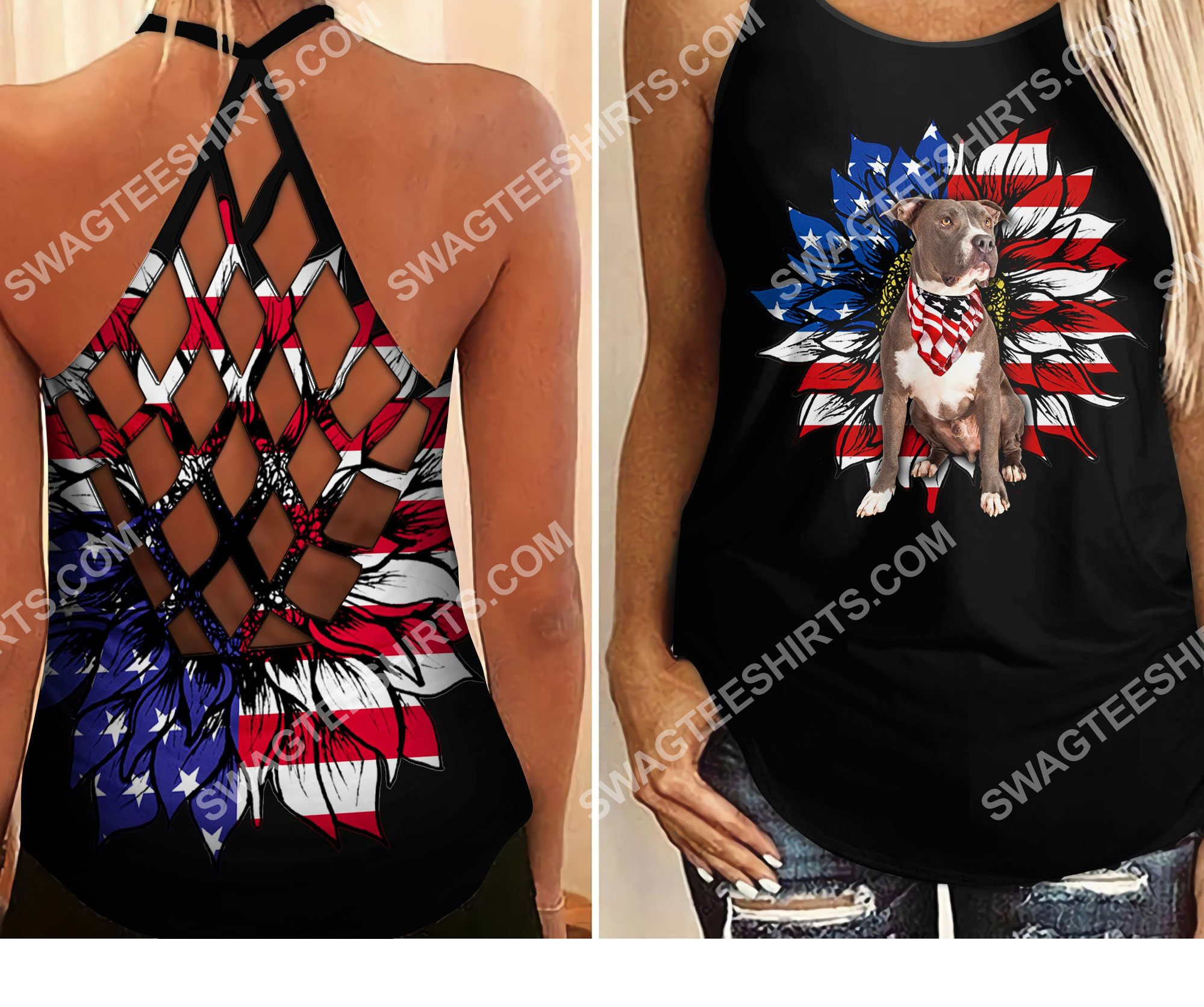 sunflower pitbull and american flag all over printed criss-cross tank top 2 - Copy (2)