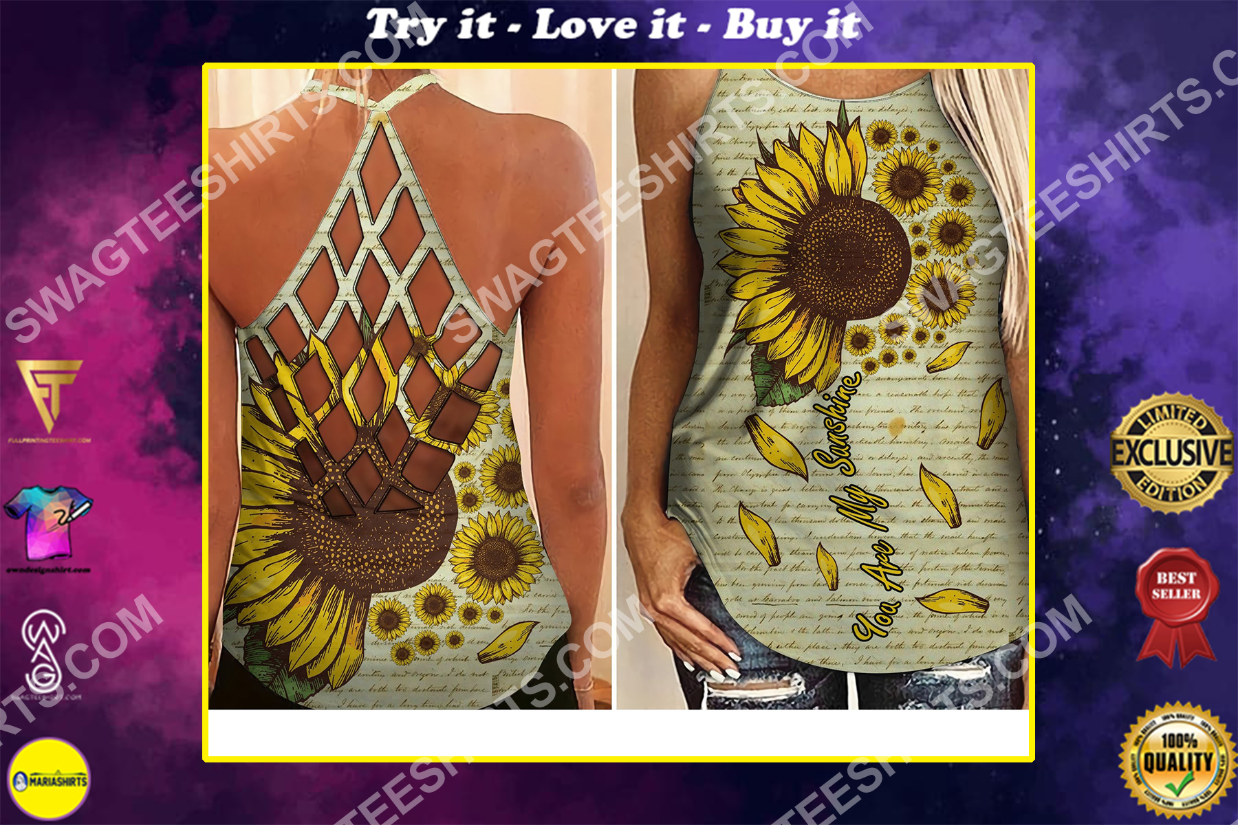 you are my sunshine sunflower all over printed criss-cross tank top