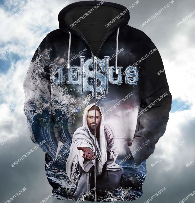 Jesus reaching into water full print zip hoodie 1
