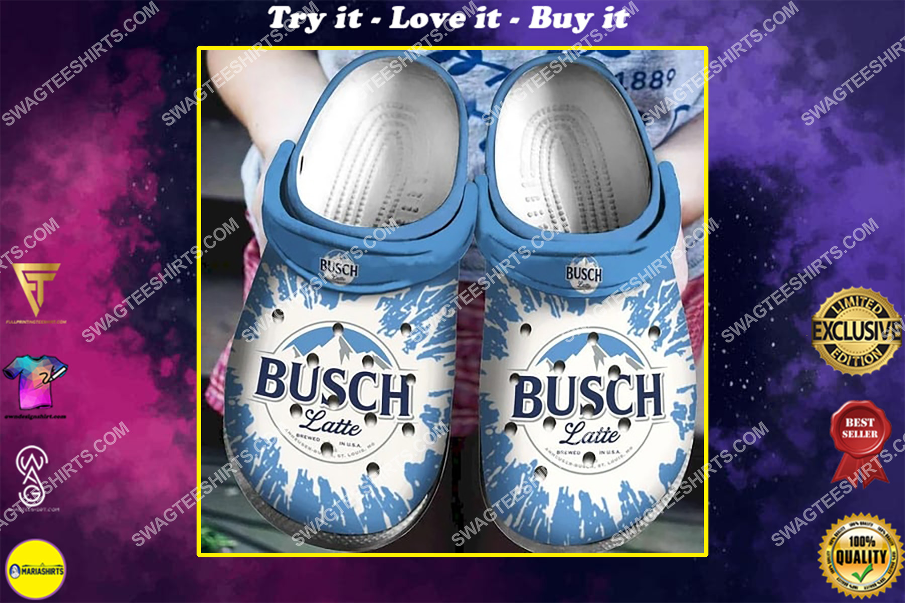 the busch latte all over printed crocs