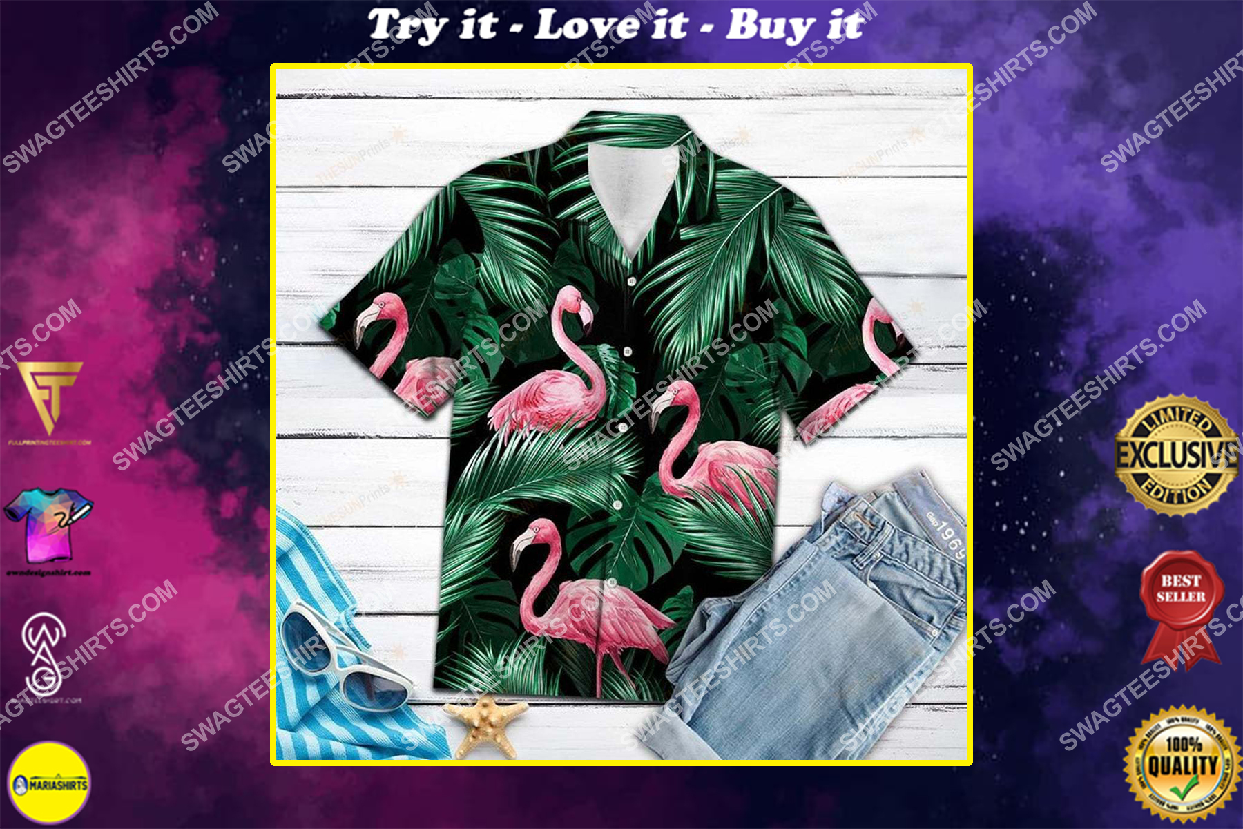 tropical leaf and flamingo summer all over printed hawaiian shirt