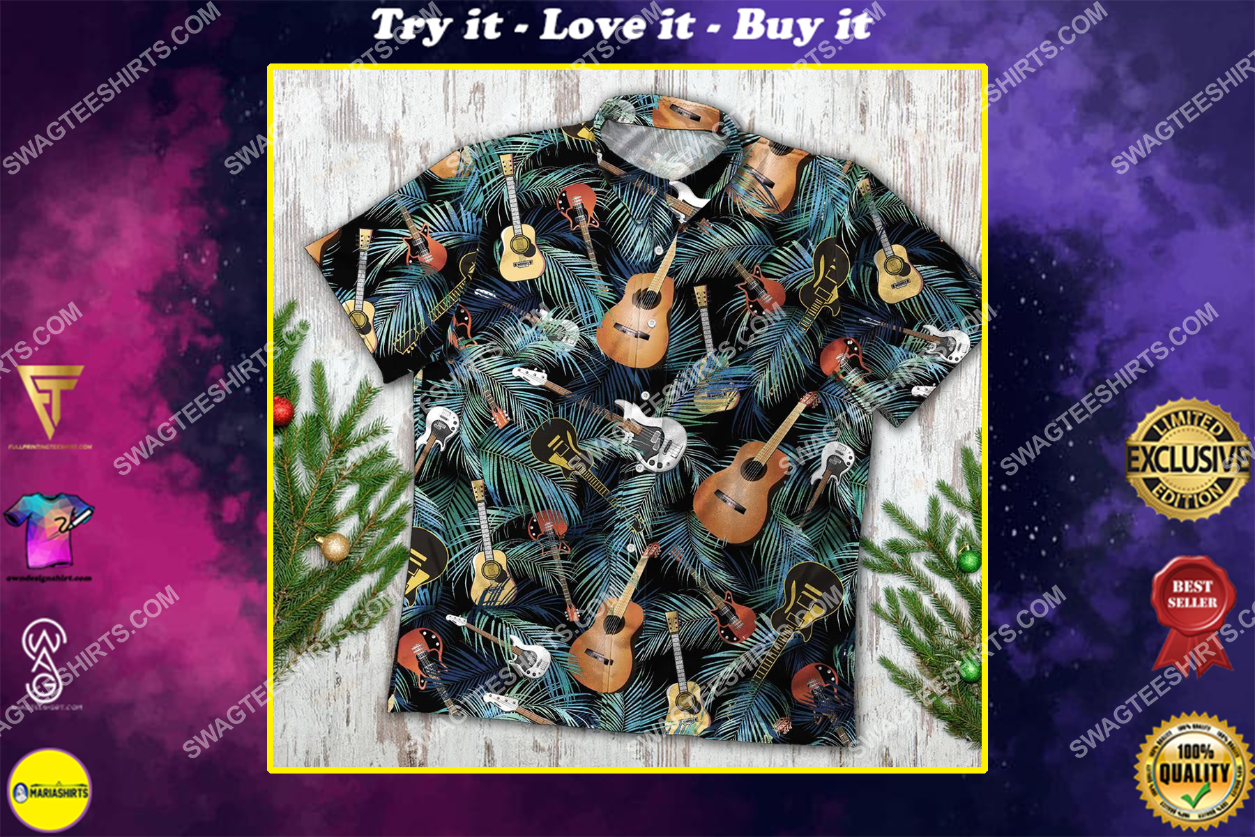 tropical music guitar all over printed hawaiian shirt