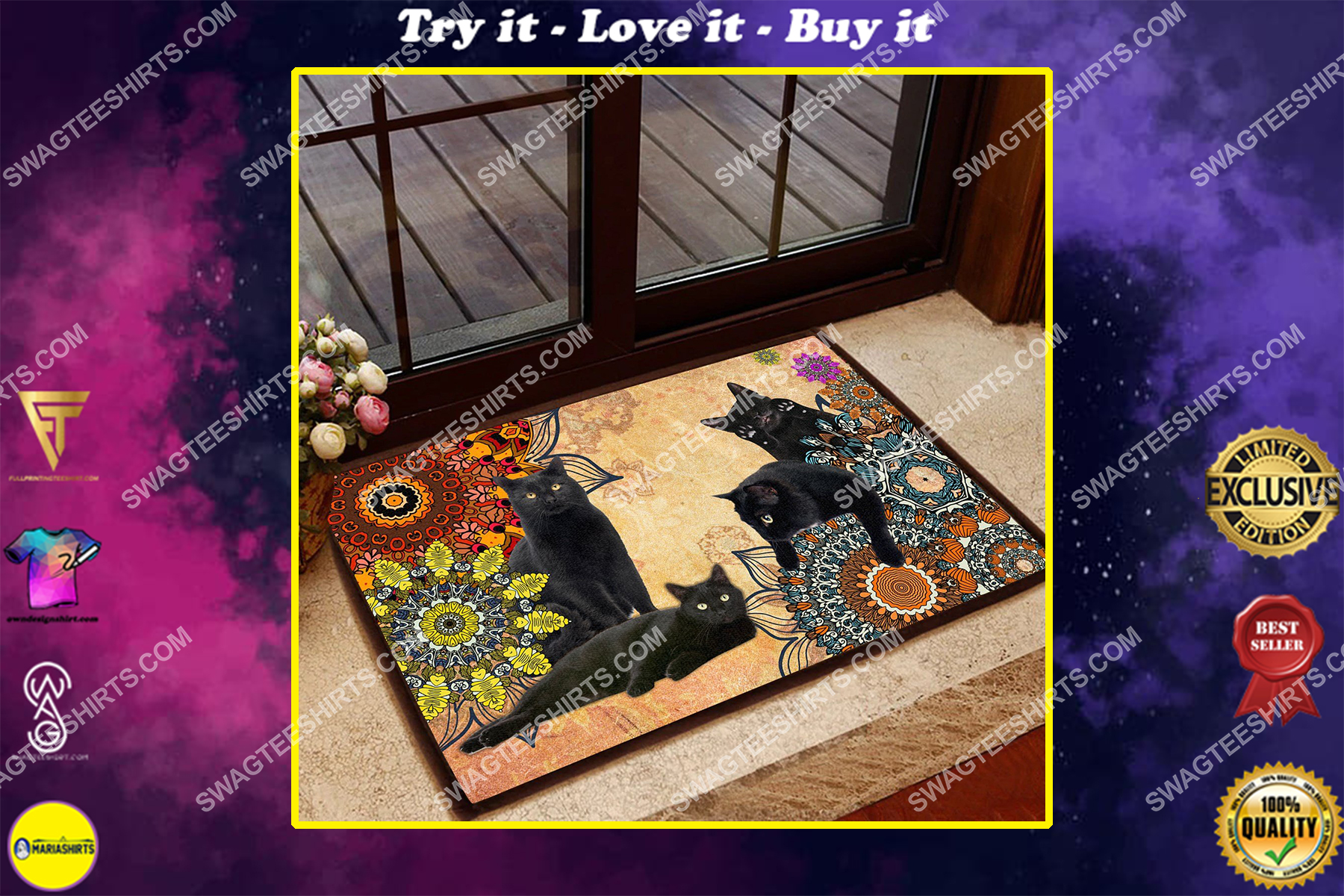vintage colorful black cats welcome full print doormat