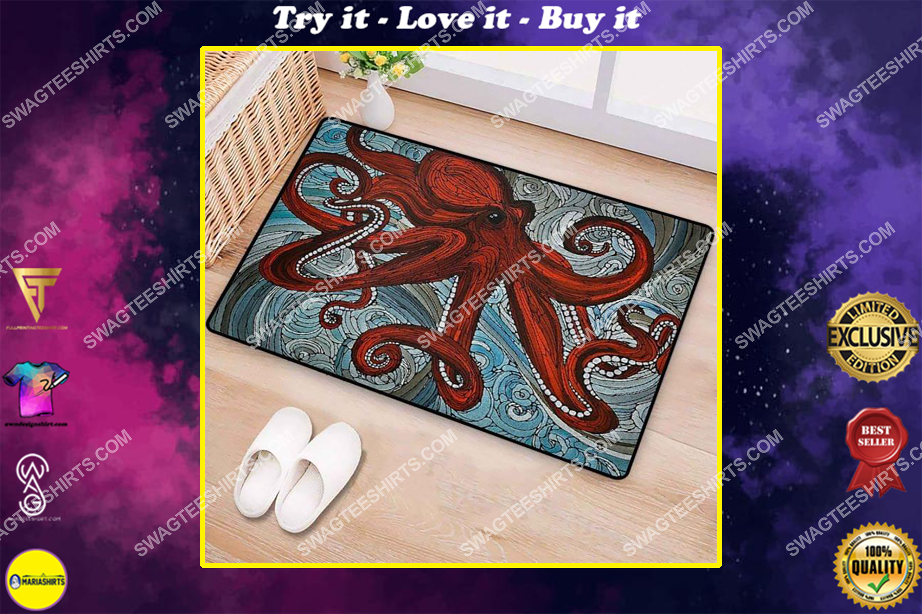 vintage love octopus full print doormat