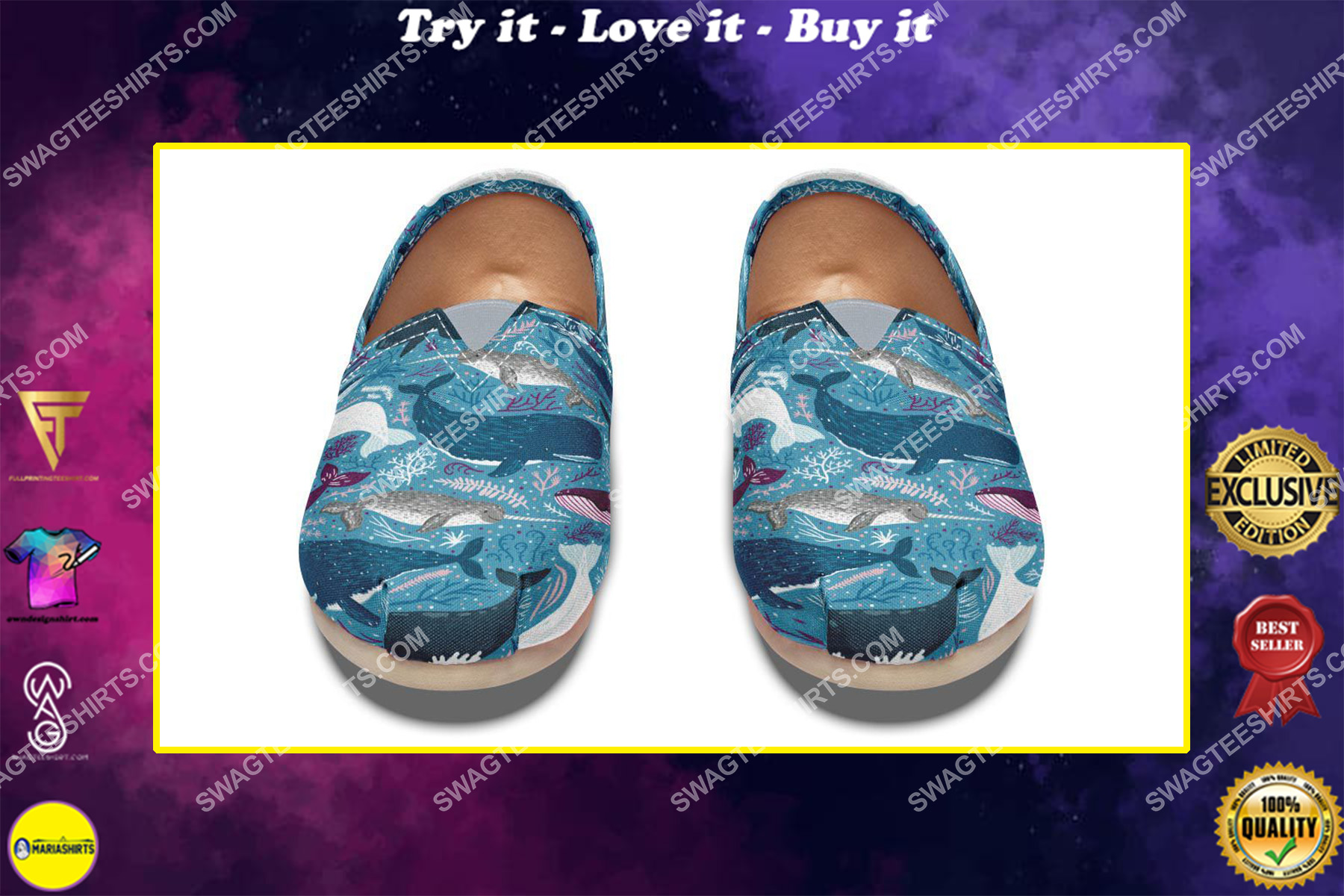 vintage whale in the ocean all over printed toms shoes