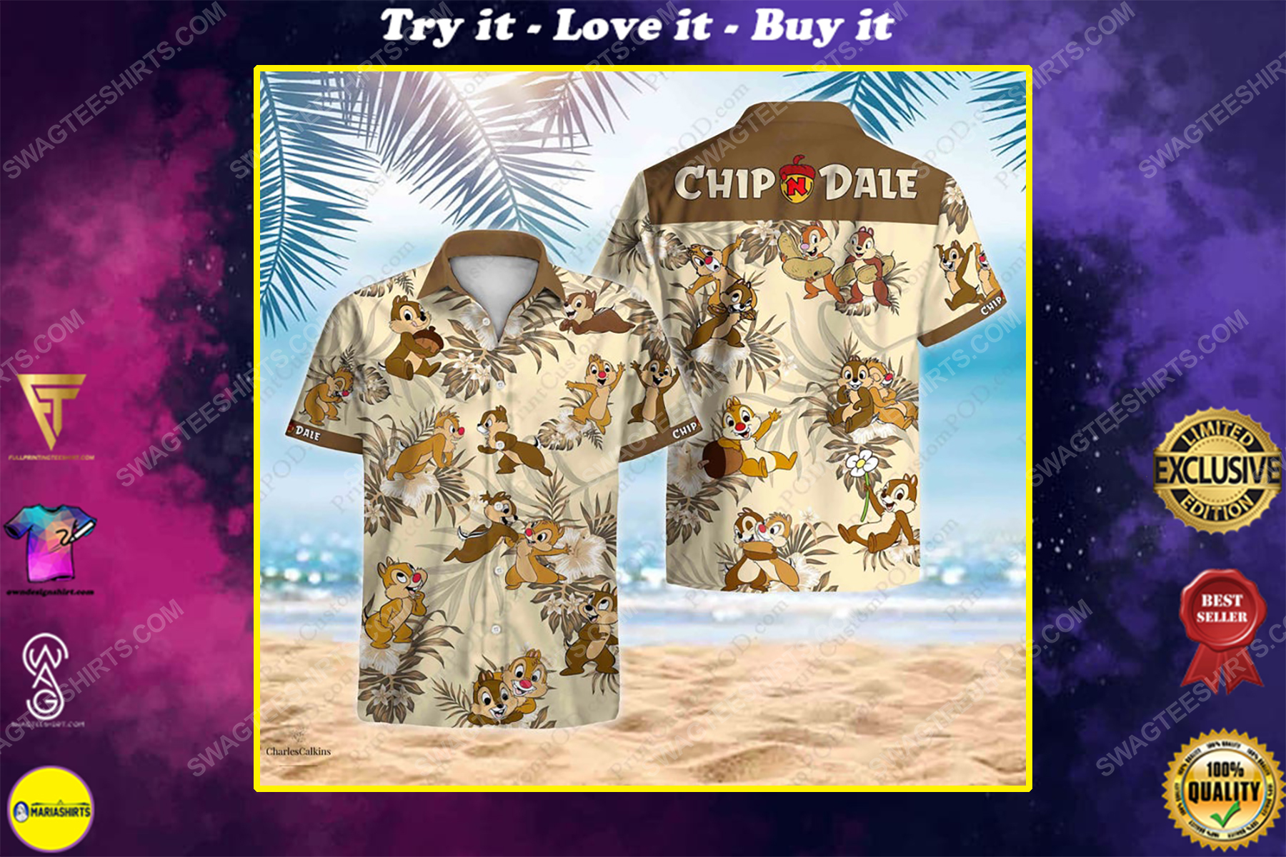 Chip and dale disney cartoon summer vacation hawaiian shirt