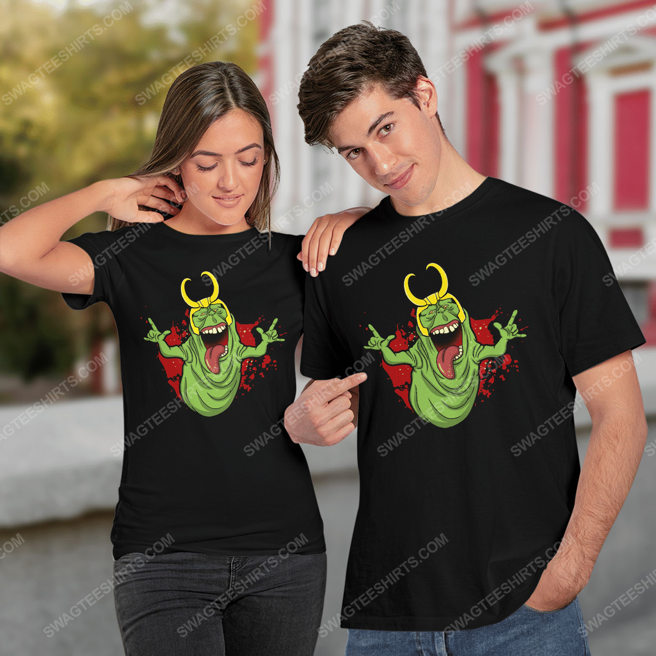 Ghostbusters onionhead slimer and loki tshirt(1)