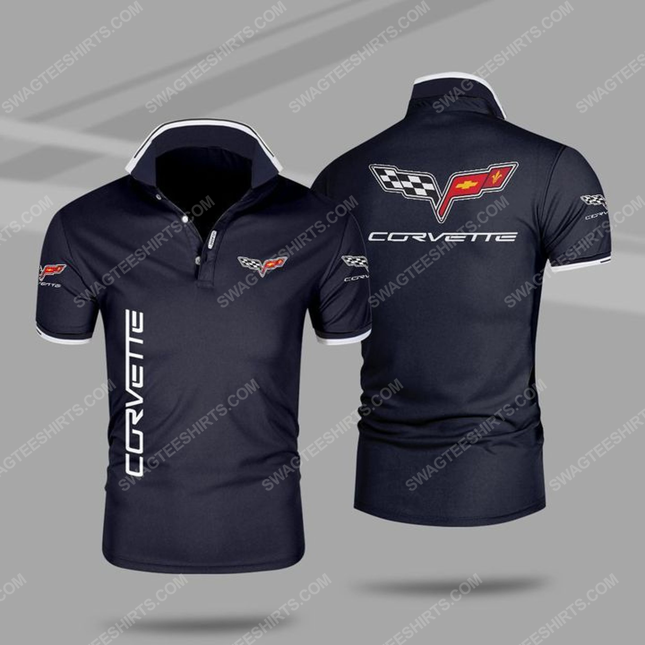 The chevrolet corvette symbol all over print polo shirt - navy 1
