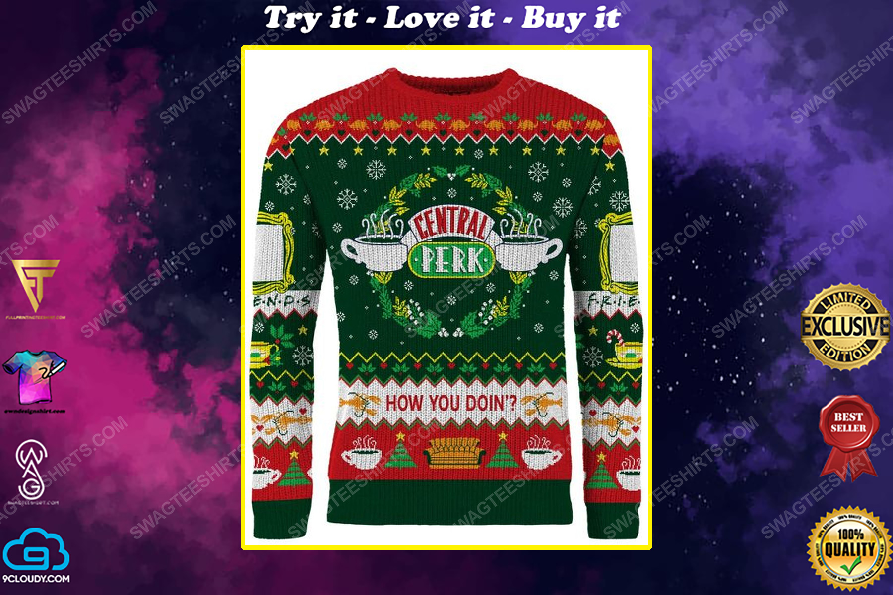 Central perk holiday how you doin full print ugly christmas sweater
