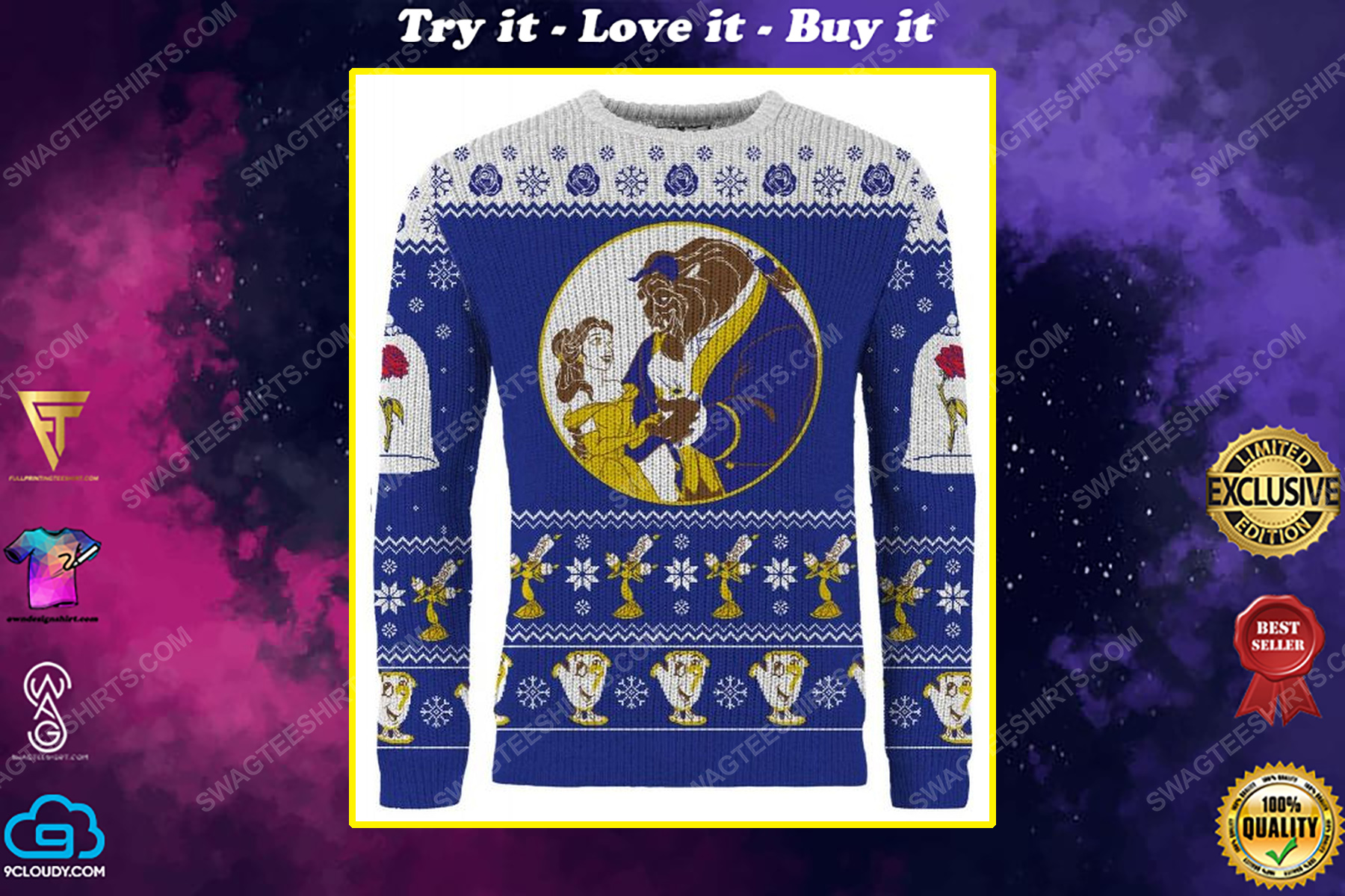 Christmas holiday beauty and the beast full print ugly christmas sweater