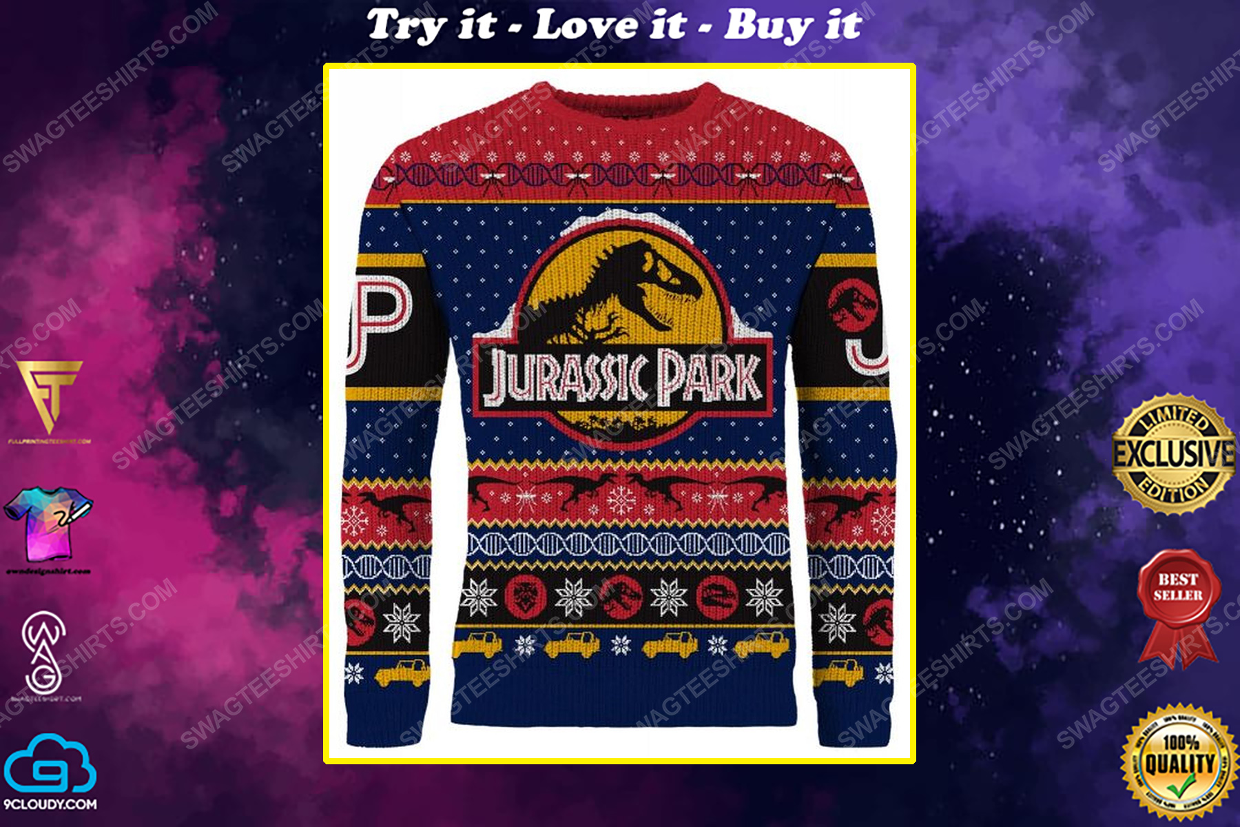 Christmas holiday jurassic park movie full print ugly christmas sweater