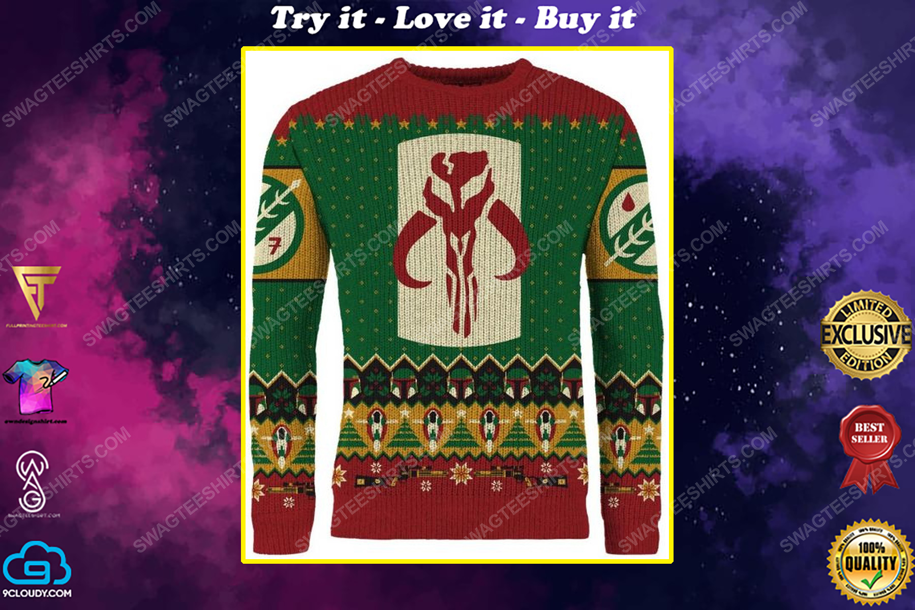 Merry mandalorian star wars full print ugly christmas sweater