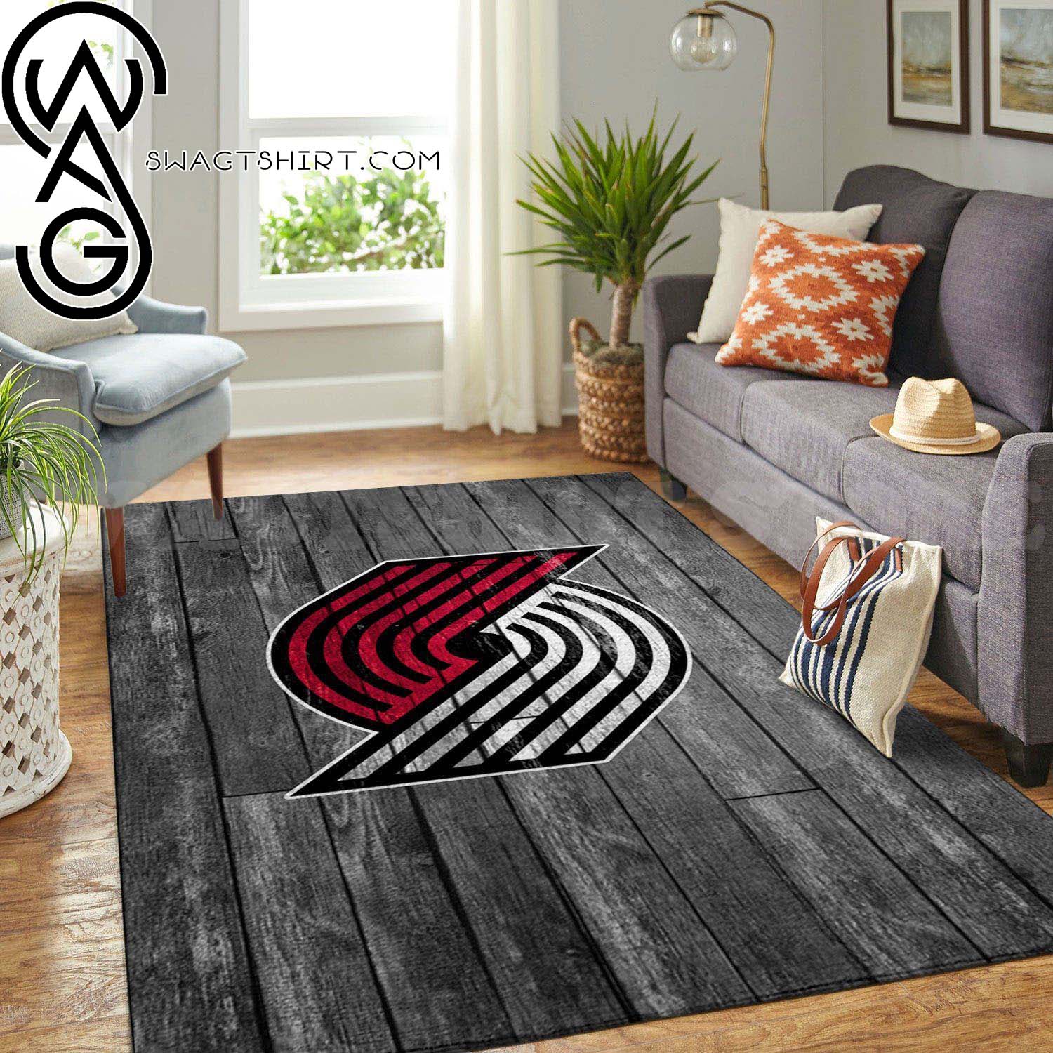 Portland Trail Blazers NBA Team Logo Grey Wooden Style Living Room Home Decor Area Rug
